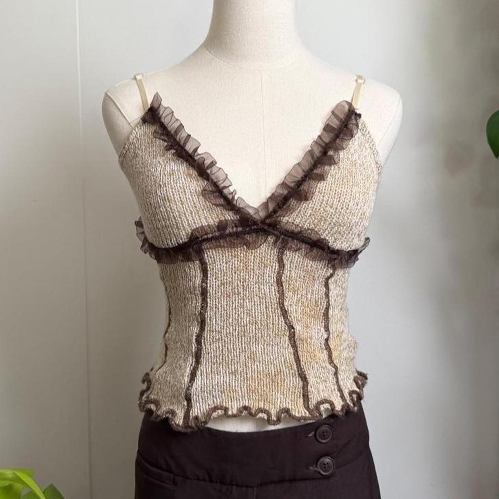 Zone Bleue Vintage Y2K Ruffle Sweater Tank Top Brown Tan Fairycore XS